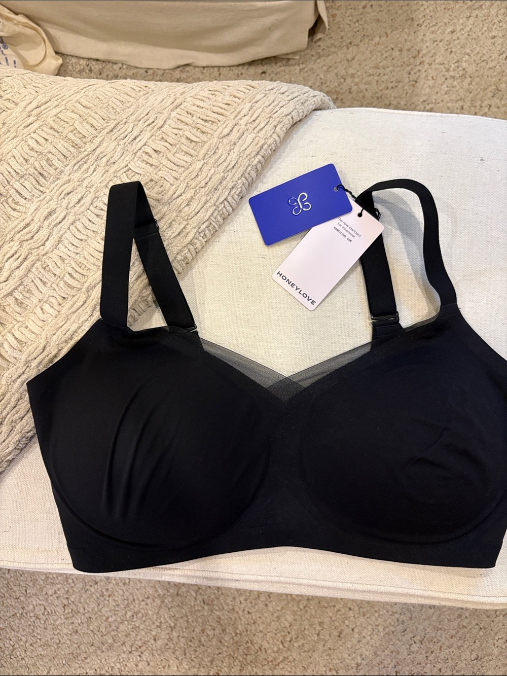 Honeylove Black Seamless Wirefree Comfort Bra with Mesh Trim